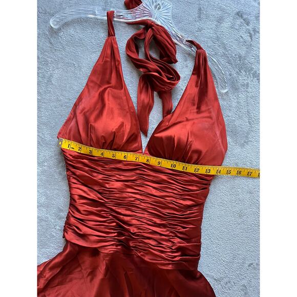 Vintage Y2K Cache Silk Ruched Dress 4 Burnt Orange Rust Asymmetric Fairy Halter - Picture 14 of 16